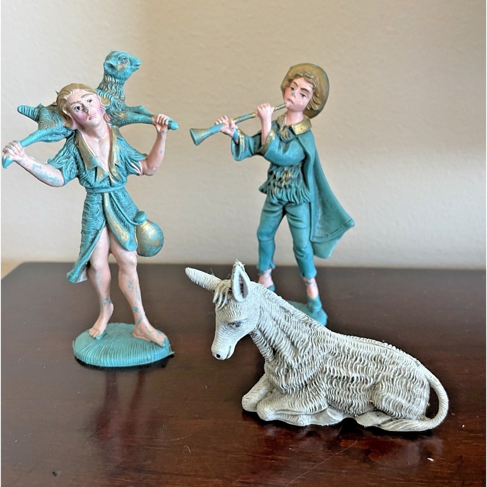 Vintage Set of 3‎ Italy Resin Nativity Figures Shepherd Horn Blower Donkey